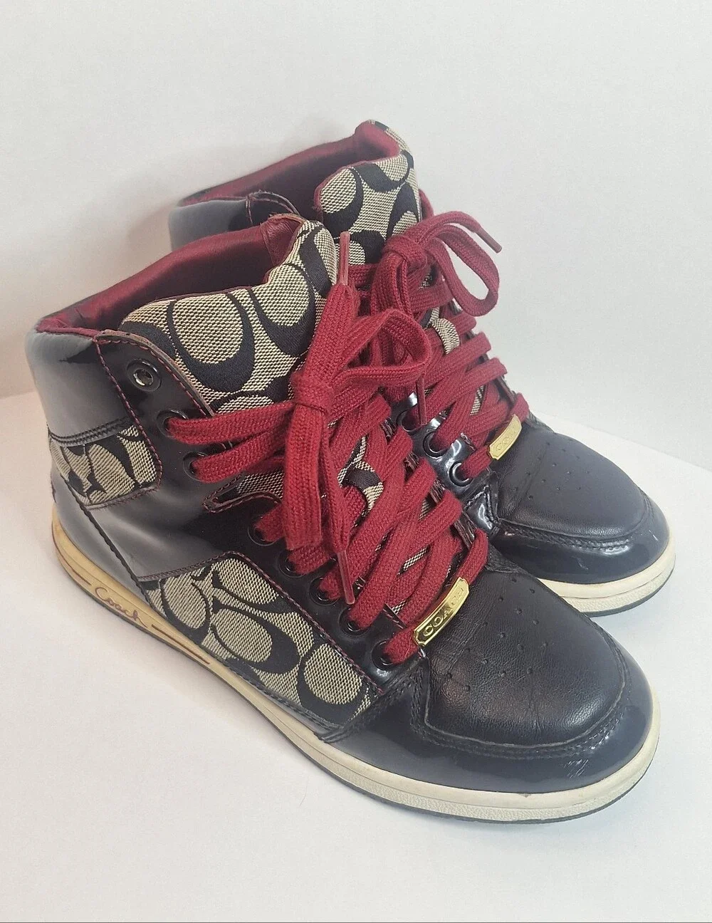 Coach Norra Black Gray Red Leather Canvas High Top Sneakers Women's Size 7 M